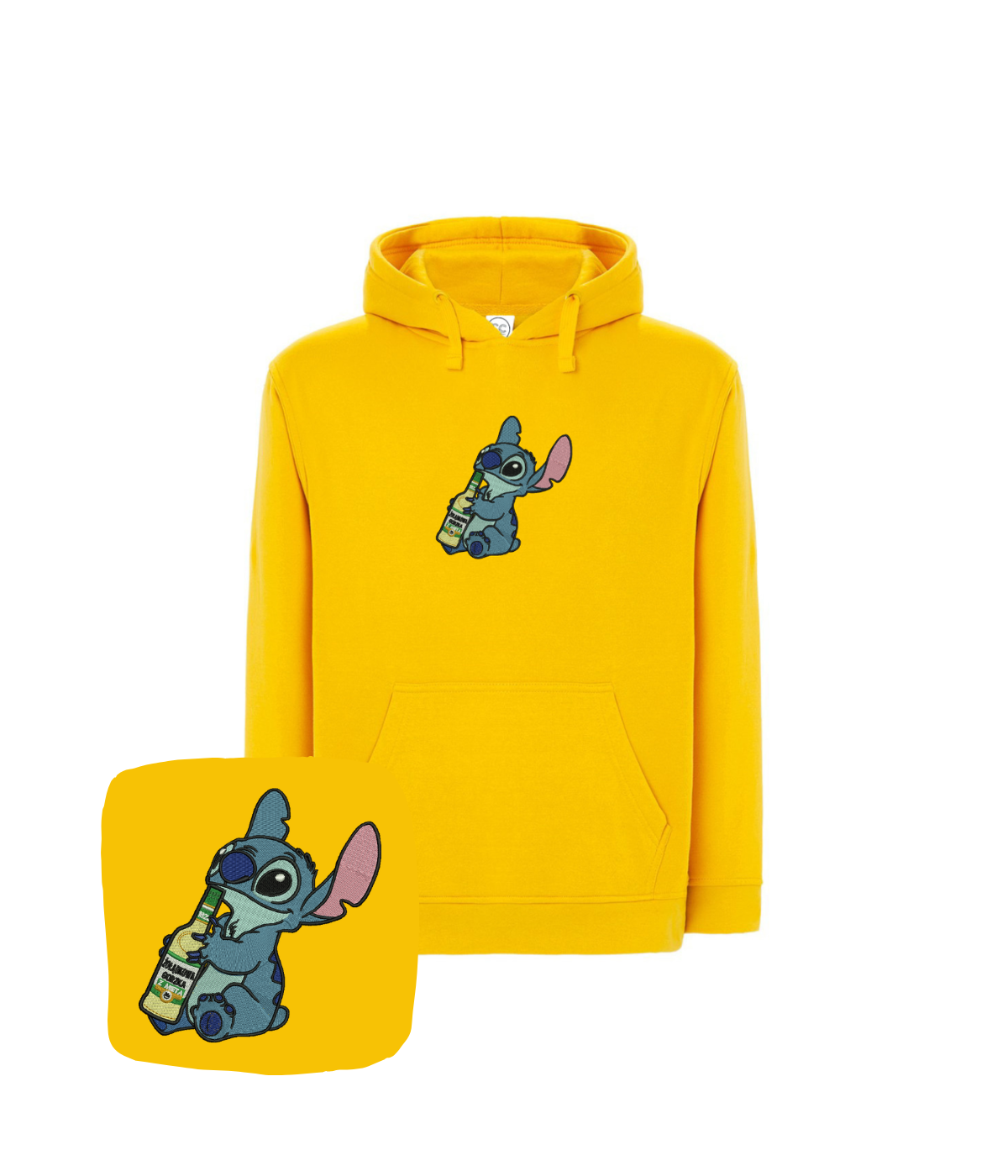 CustomClothes.pl blue hoodie with embroidered design featuring a bottle, casual streetwear style, front view with detailed stitching.