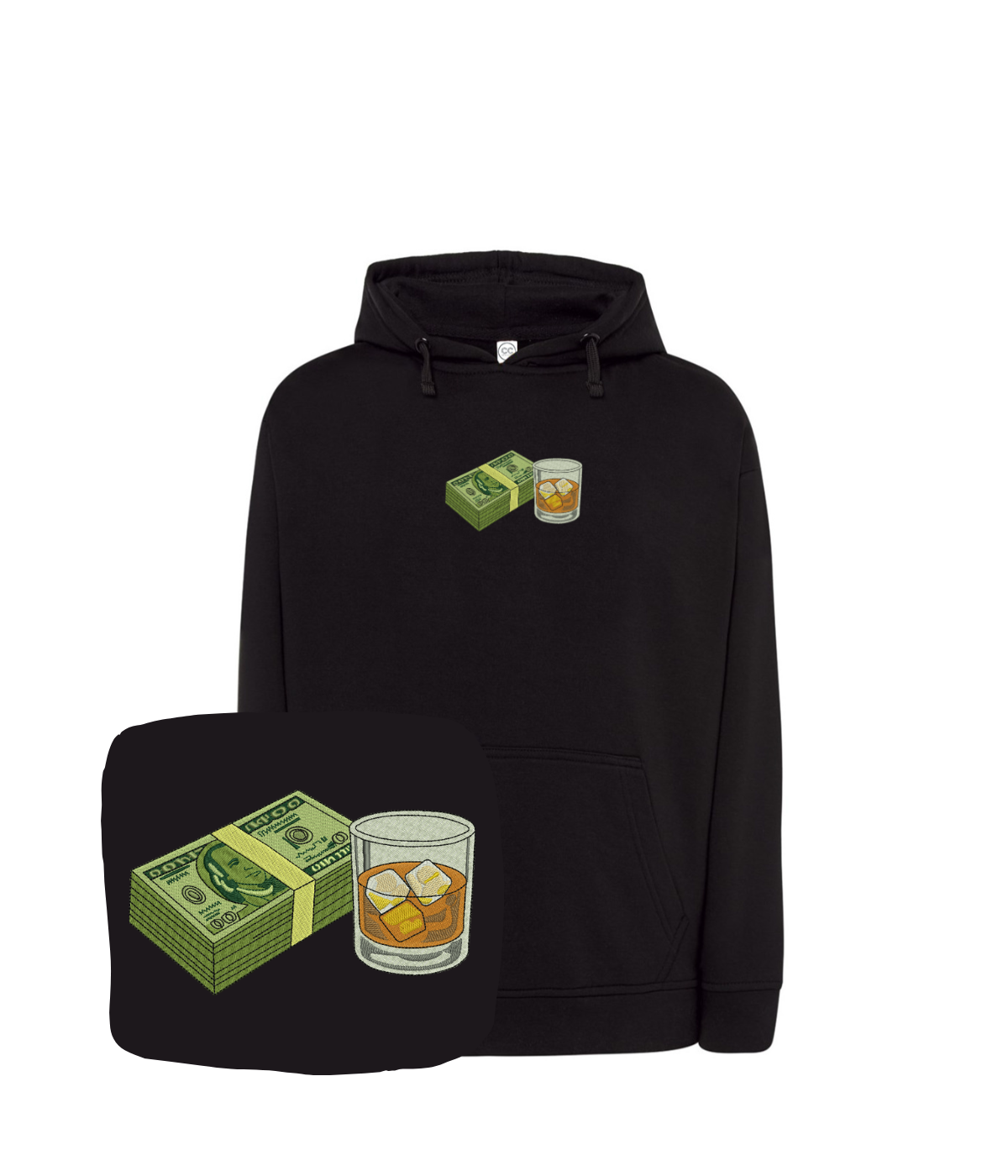 Stylish CustomClothes.pl hoodie with banknote and whisky embroidery, featuring detailed stitched design on the front.