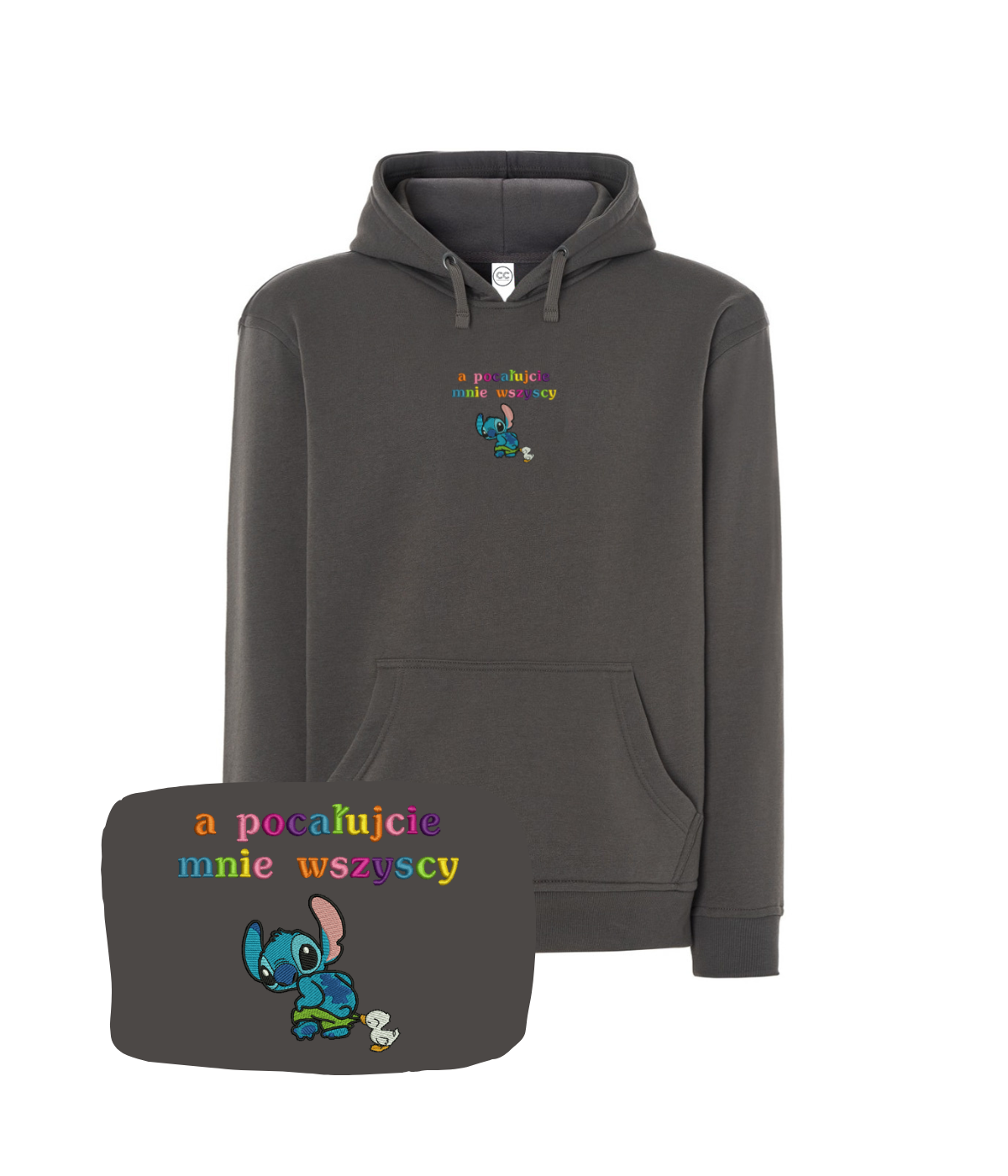 Gray hoodie with embroidered text "A pocałujcie mnie wszyscy" by CustomClothes.pl, casual sweatshirt with detailed embroidery.