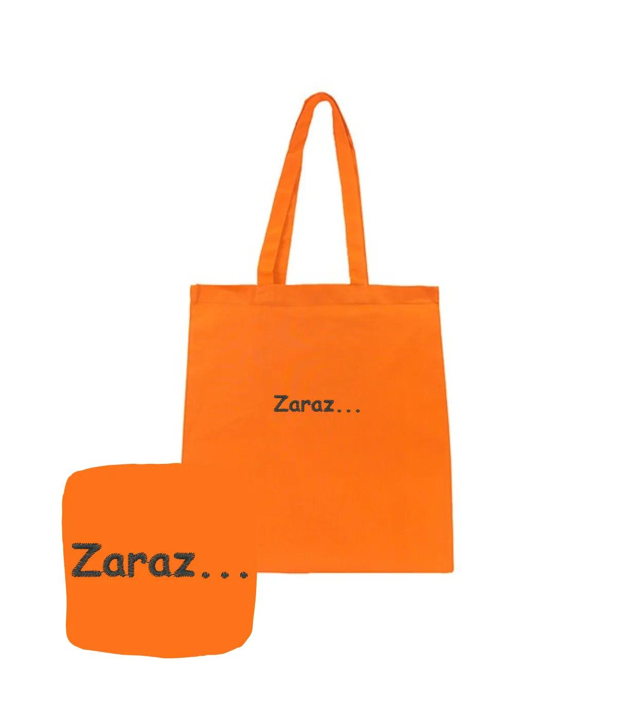 Pomarańczowa torba ekologiczna z czarnym haftem Zaraz... – śmieszny gadżet wielorazowy.
