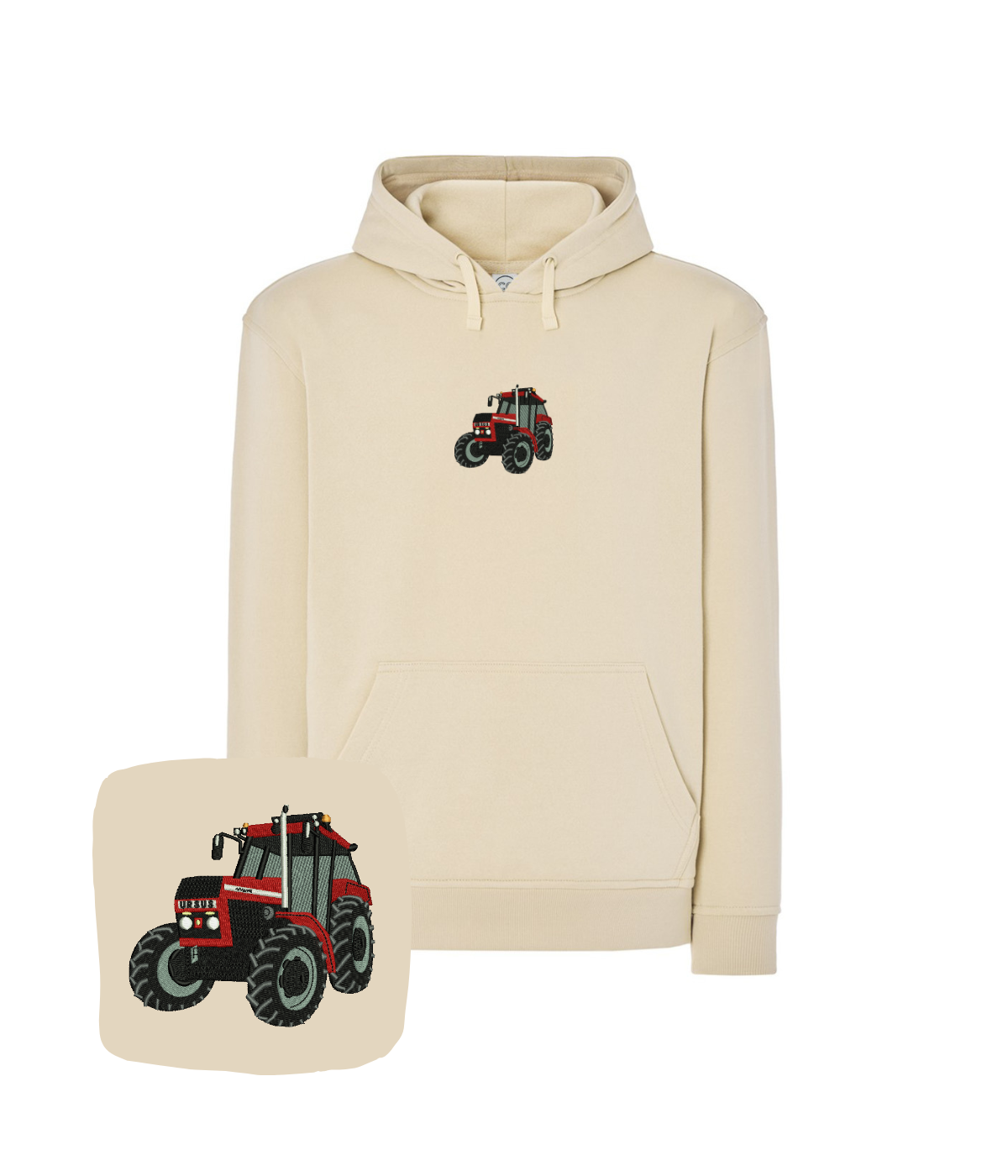 Beige hoodie with tractor embroidery front view, casual sportswear by CustomClothes.pl, ideal for farmers and motoring fans.