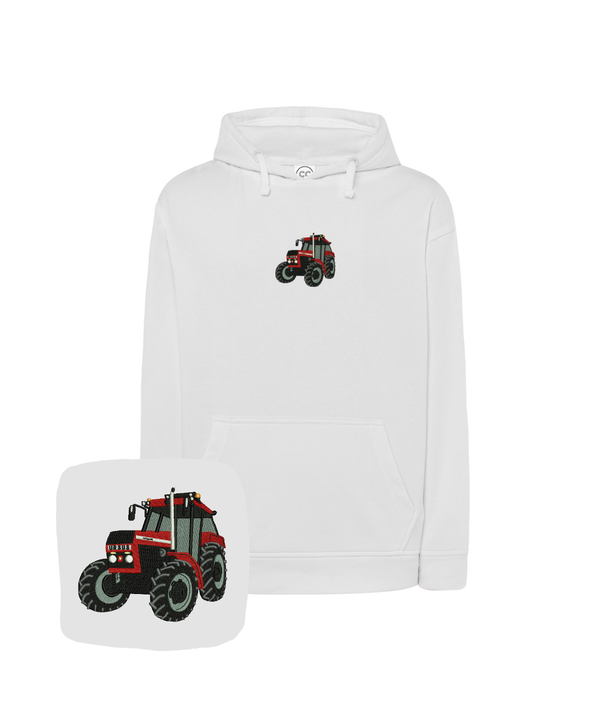 White hoodie with tractor embroidery, custom design by CustomClothes.pl, perfect for farmers and motor enthusiasts.