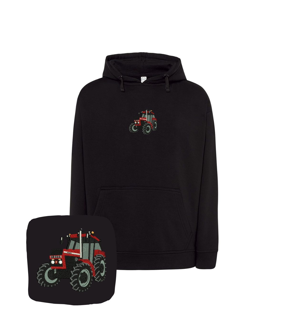 Black hoodie with tractor embroidery, casual men's sweatshirt from CustomClothes.pl, featuring a tractor design on the front.