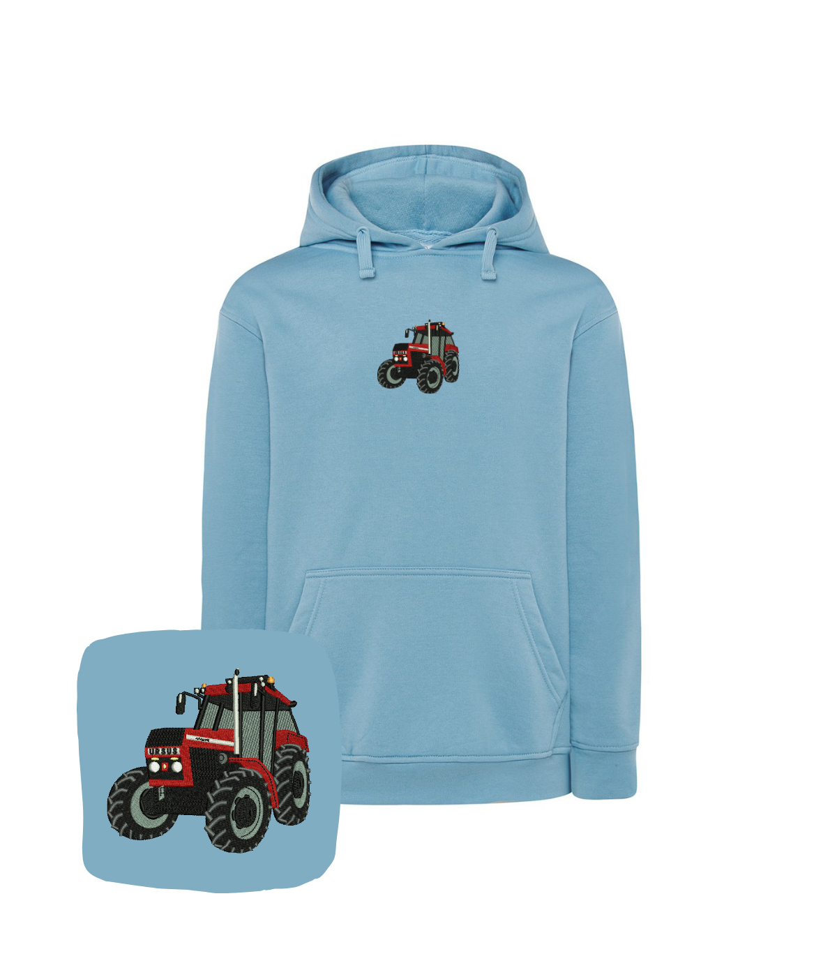 Light blue hoodie with tractor embroidery, ideal for farmers and auto enthusiasts, featuring a detailed tractor design on the front.