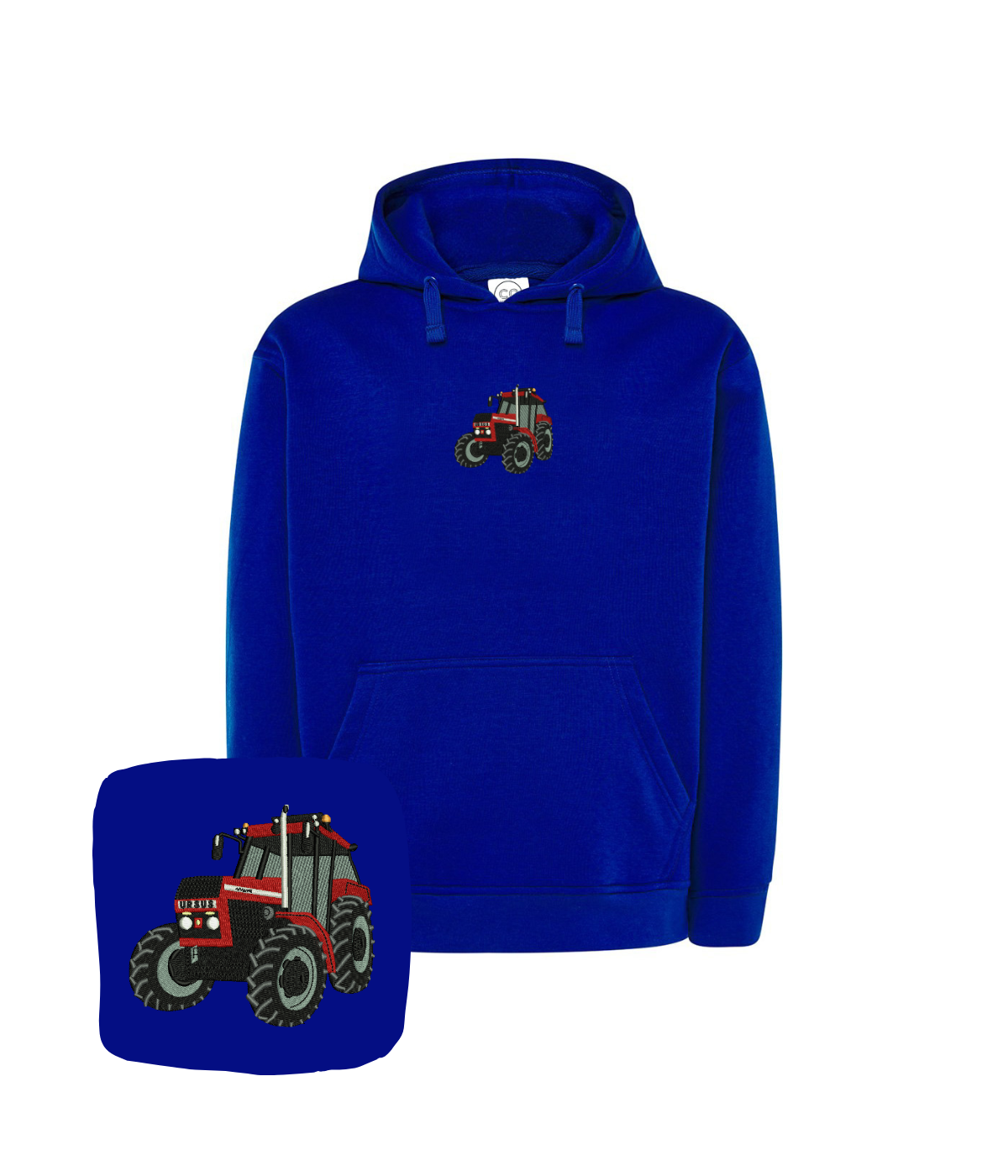Blue hoodie with tractor embroidery, featuring a royal blue design, perfect for farmers and motor enthusiasts, by CustomClothes.pl.