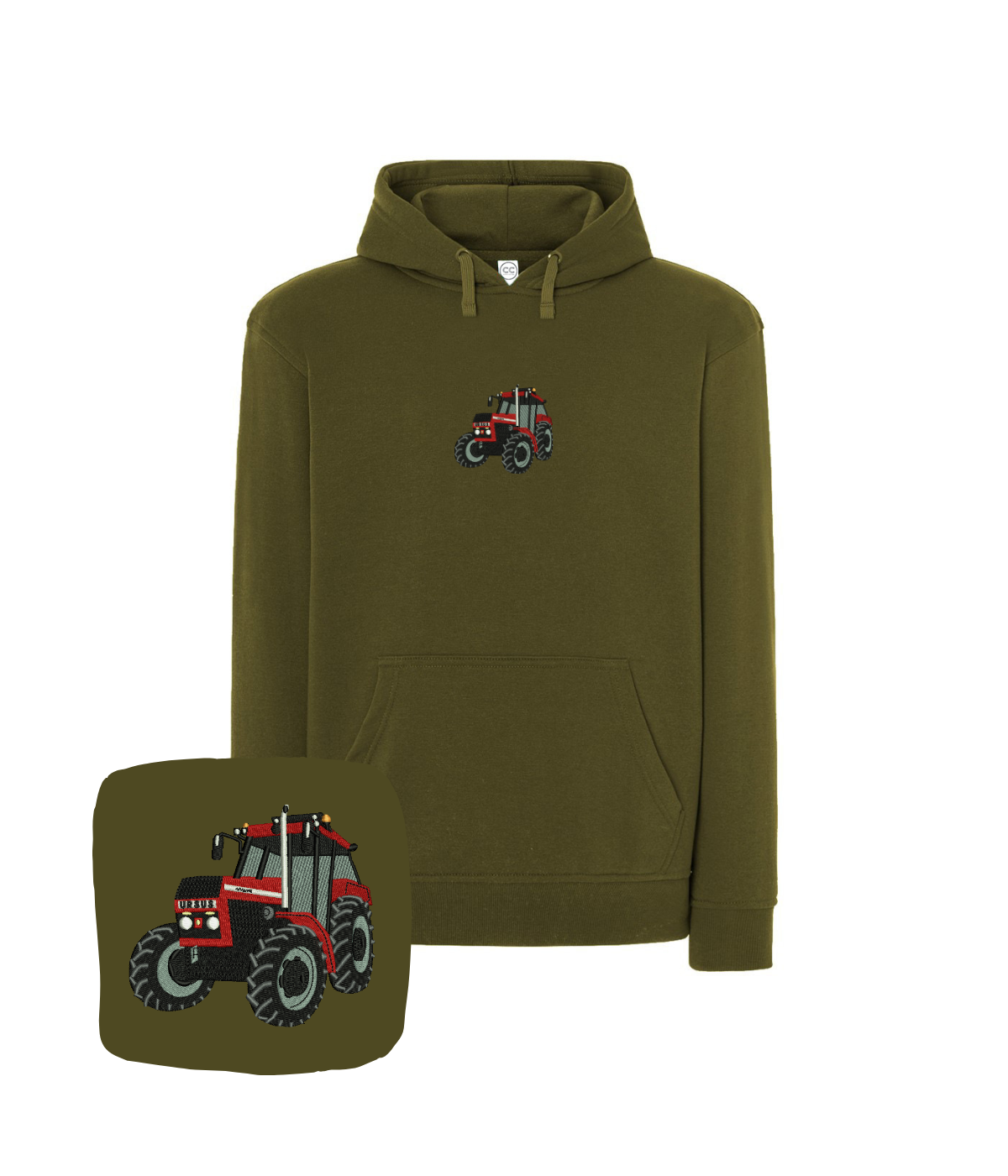 Olive green hoodie with tractor embroidery, casual sweatshirt for farmers and motor enthusiasts by CustomClothes.pl