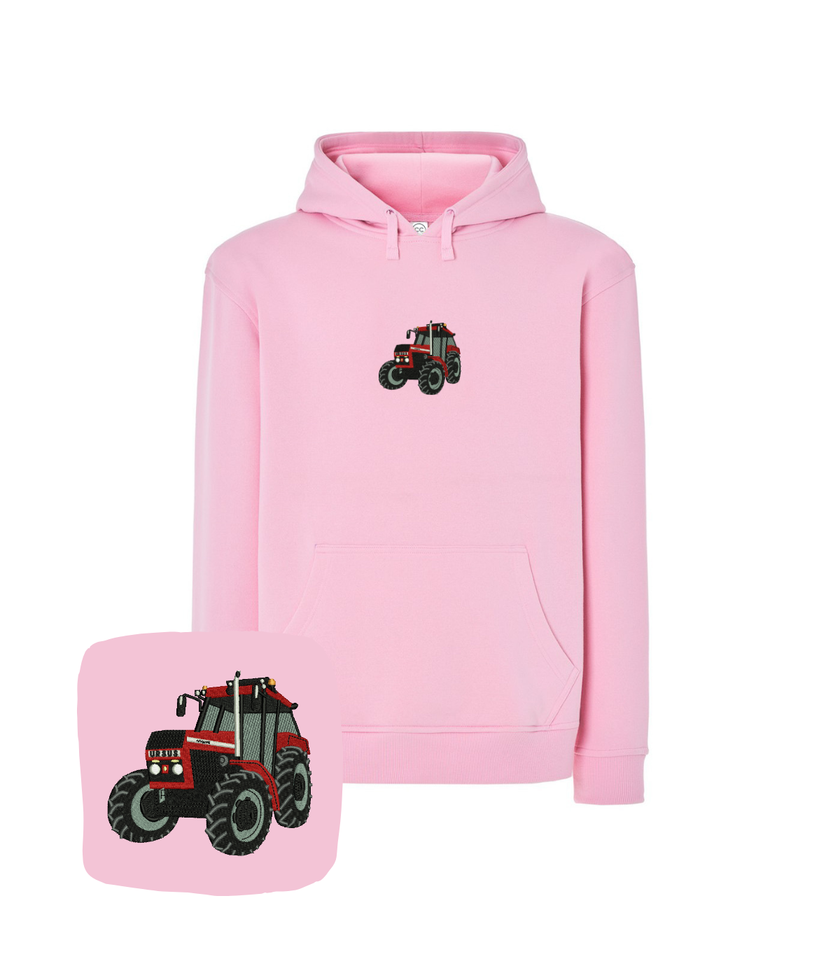 Pink hoodie with tractor embroidery, casual sweatshirt for farmers and motor enthusiasts, by CustomClothes.pl