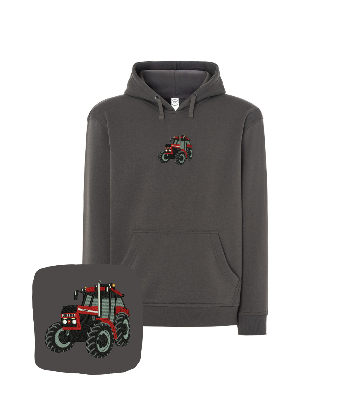 Gray hoodie with tractor embroidery, casual custom hoodie for farmers and automotive fans, featuring a front view.