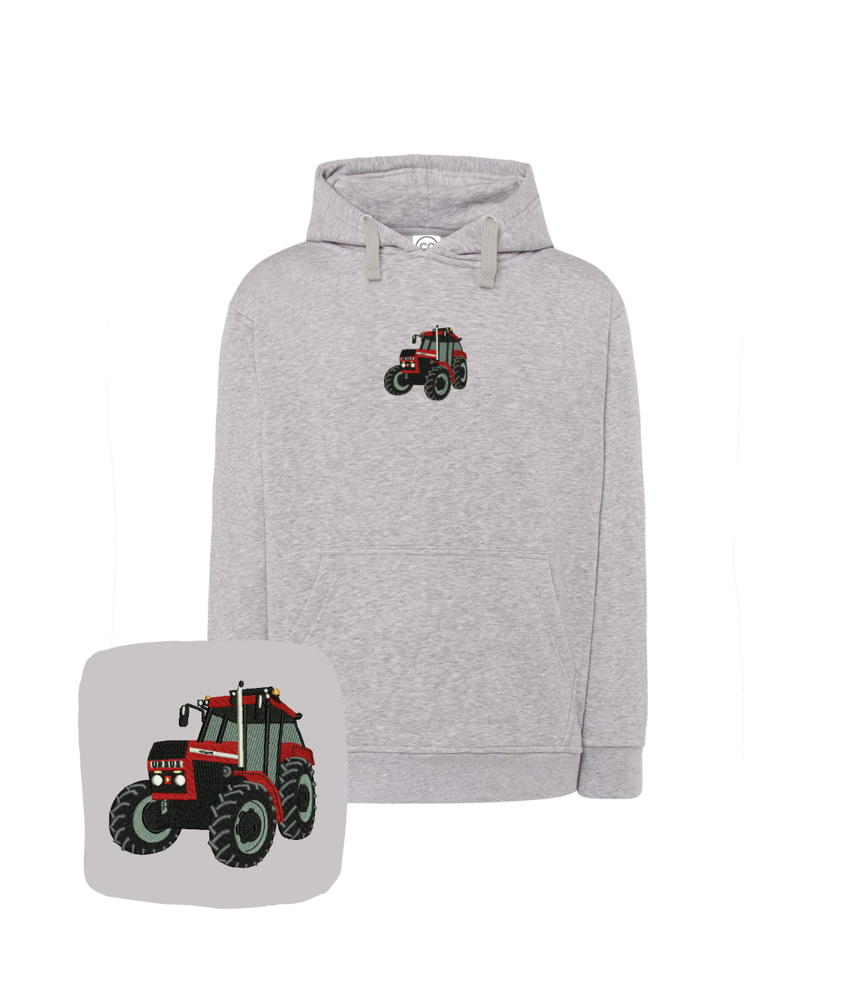 Gray hoodie with tractor embroidery, casual sweatshirt by CustomClothes.pl, featuring a tractor design on the front.