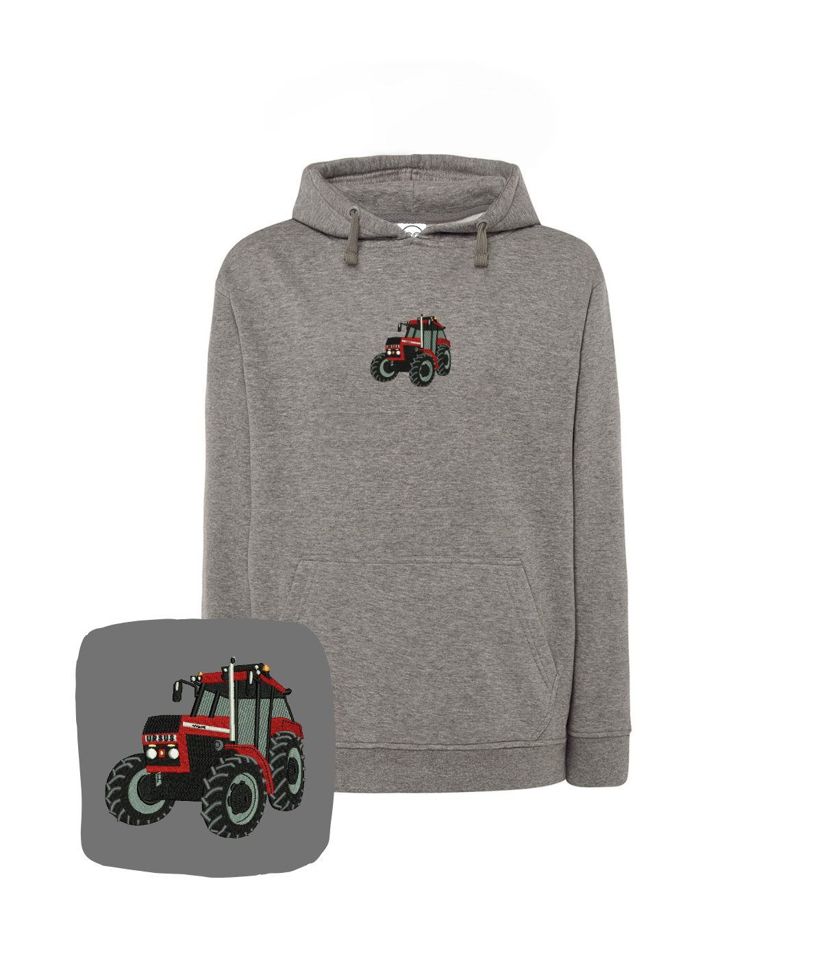 Gray hoodie with tractor embroidery, casual sweatshirt for farmers and auto enthusiasts, featuring a front tractor design.