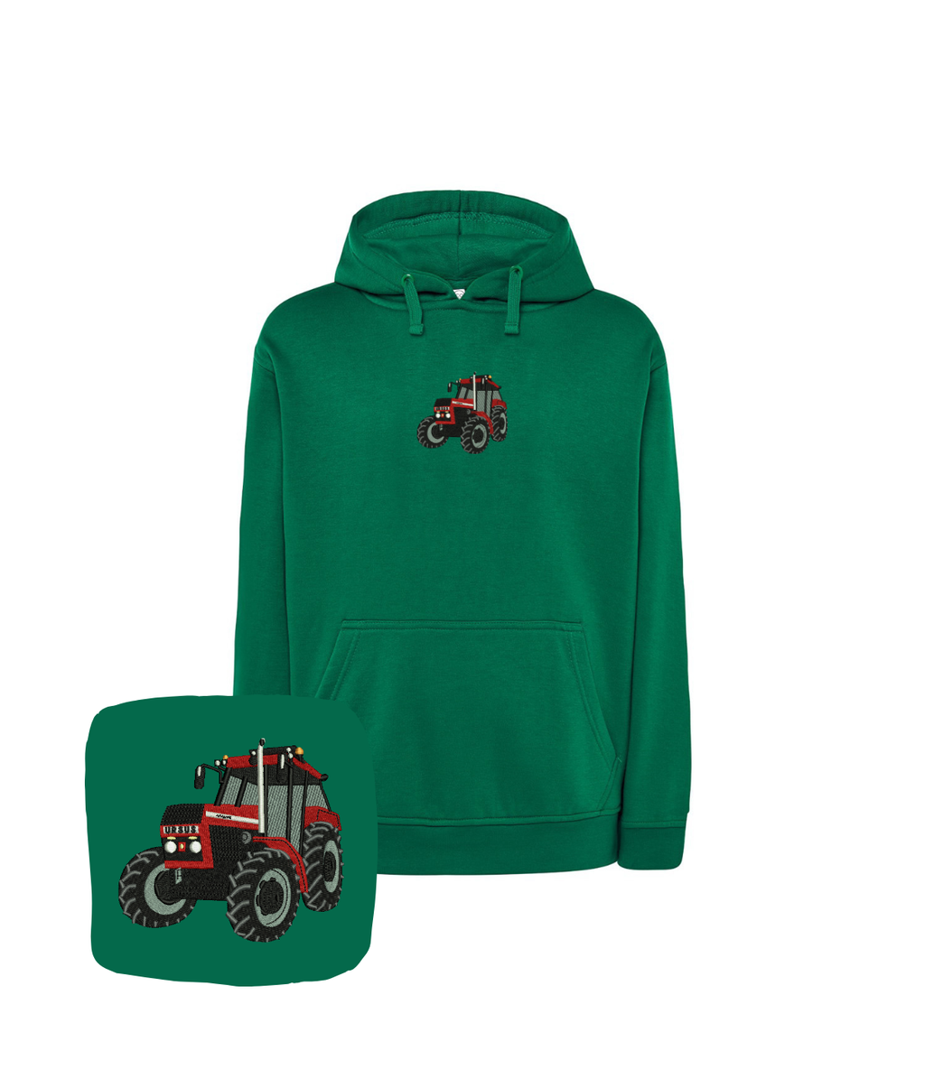 Dark green hoodie with tractor embroidery, ideal for farmers and auto enthusiasts, featuring a custom design from CustomClothes.pl