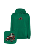Dark green hoodie with tractor embroidery, ideal for farmers and auto enthusiasts, featuring a custom design from CustomClothes.pl