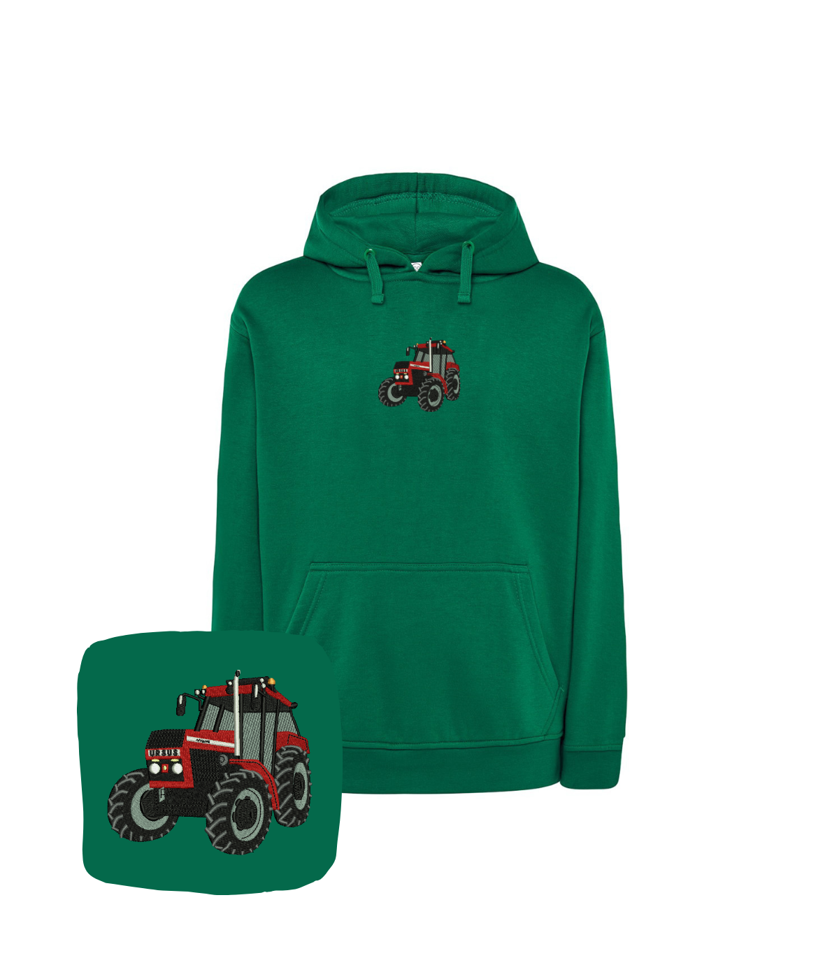 Dark green hoodie with tractor embroidery, ideal for farmers and auto enthusiasts, featuring a custom design from CustomClothes.pl