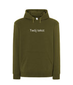 Personalized hoodie with custom text on the front, made by CustomClothes.pl, featuring a soft fabric and a comfortable hood.