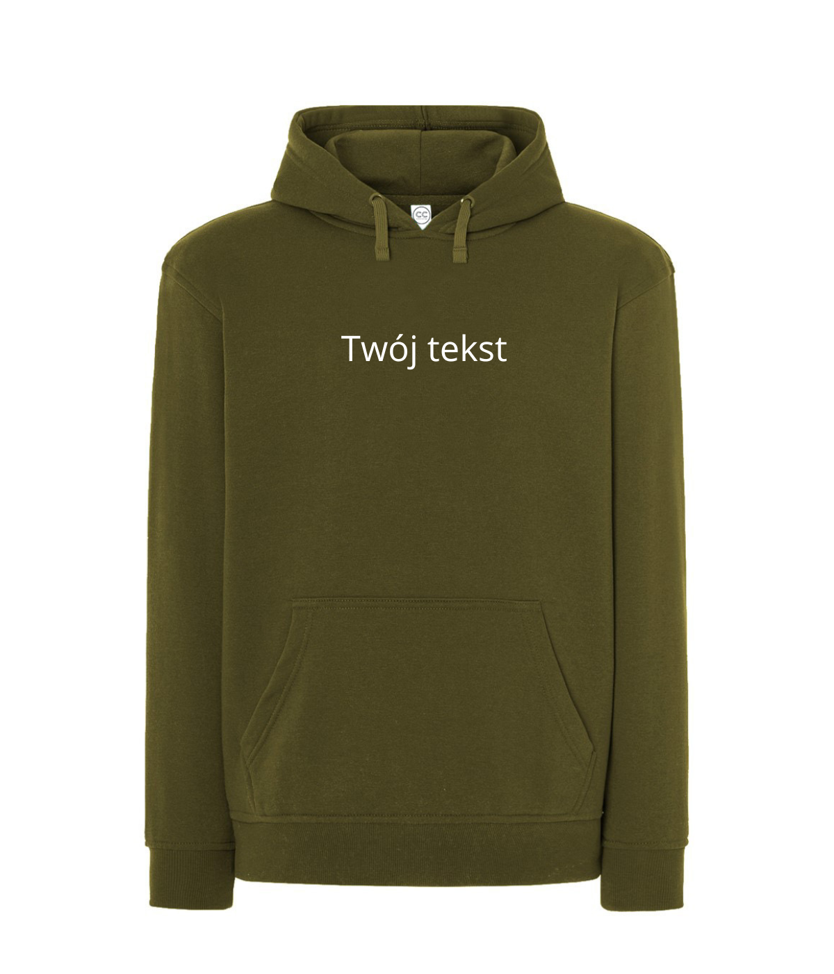 Personalized hoodie with custom text on the front, made by CustomClothes.pl, featuring a soft fabric and a comfortable hood.