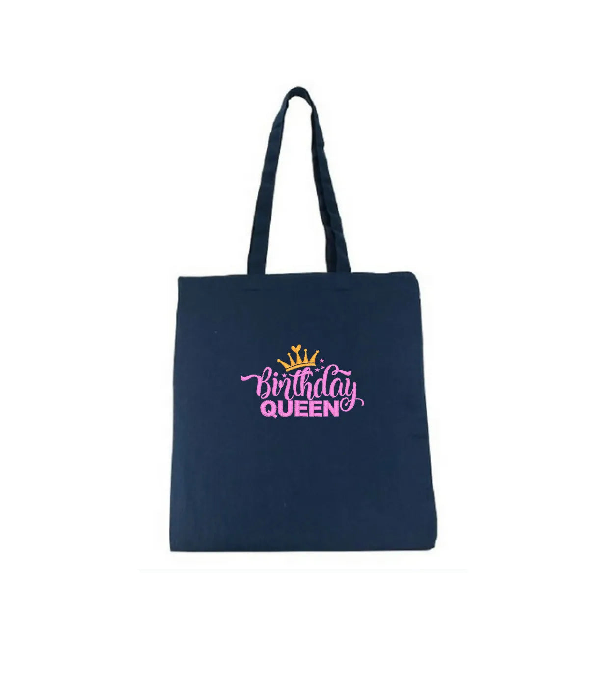 Granatowa wielorazowa torba z haftem Birthday Queen – ekologiczna torba na zakupy i na prezent.