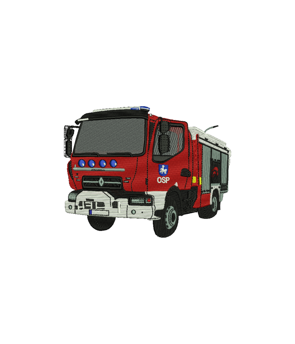 CustomClothes.pl fire truck embroidered sweatshirt showing a detailed fire brigade patch on the front.