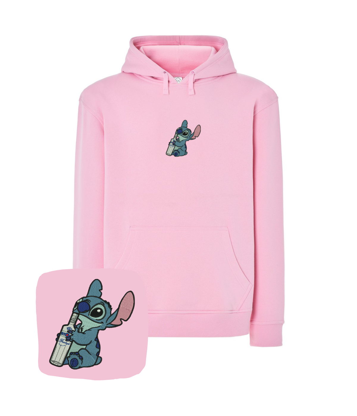 Blue hoodie with embroidered stitch design featuring a bottle pattern, from CustomClothes.pl, casual and stylish apparel.