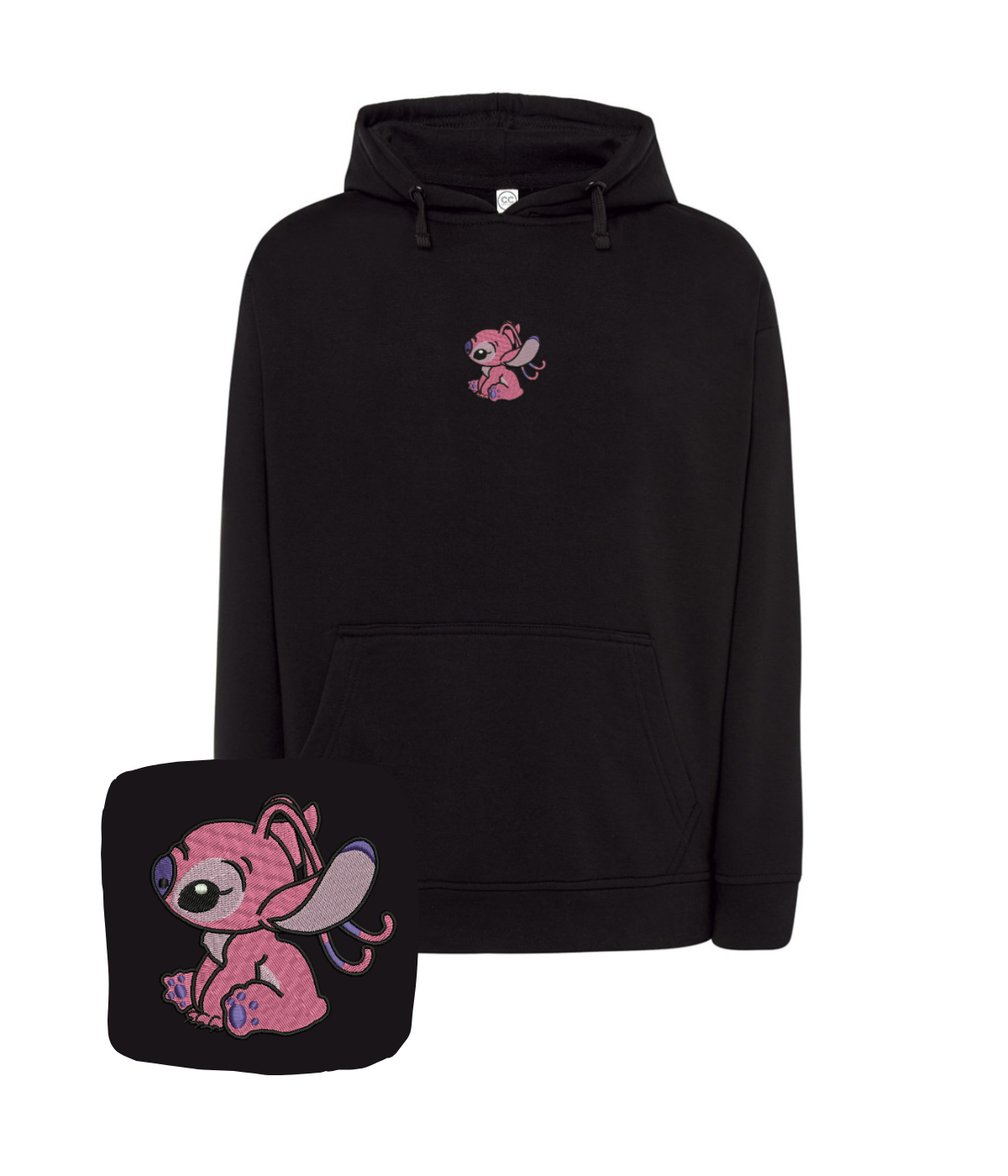 Hand-embroidered angel design on a blue blouse by CustomClothes.pl, showcasing detailed embroidery and stylish casual wear.