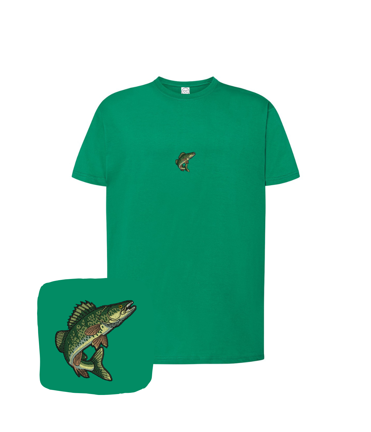 Green T-shirt with embroidered fish eye and humorous logo, by CustomClothes.pl, featuring a casual fit and detailed stitching.